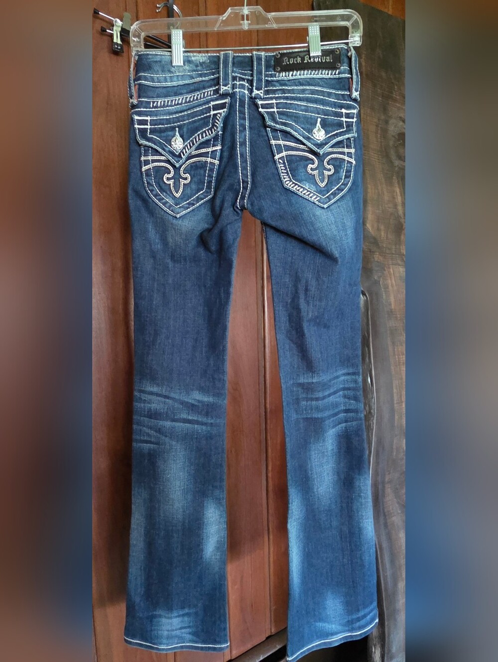 Rock Revival Dark Blue Bootcut Jeans with Contrast White Stitching Size 25